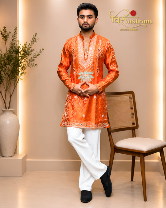 Men's Lotus Patch Embroidered Jacquard Short Kurta Set | Festive Modern Ethnic Wear