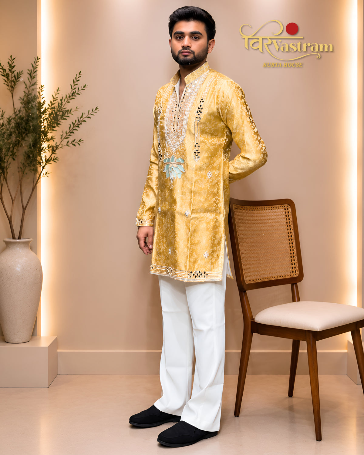 Men's Lotus Patch Embroidered Jacquard Short Kurta Set | Festive Modern Ethnic Wear