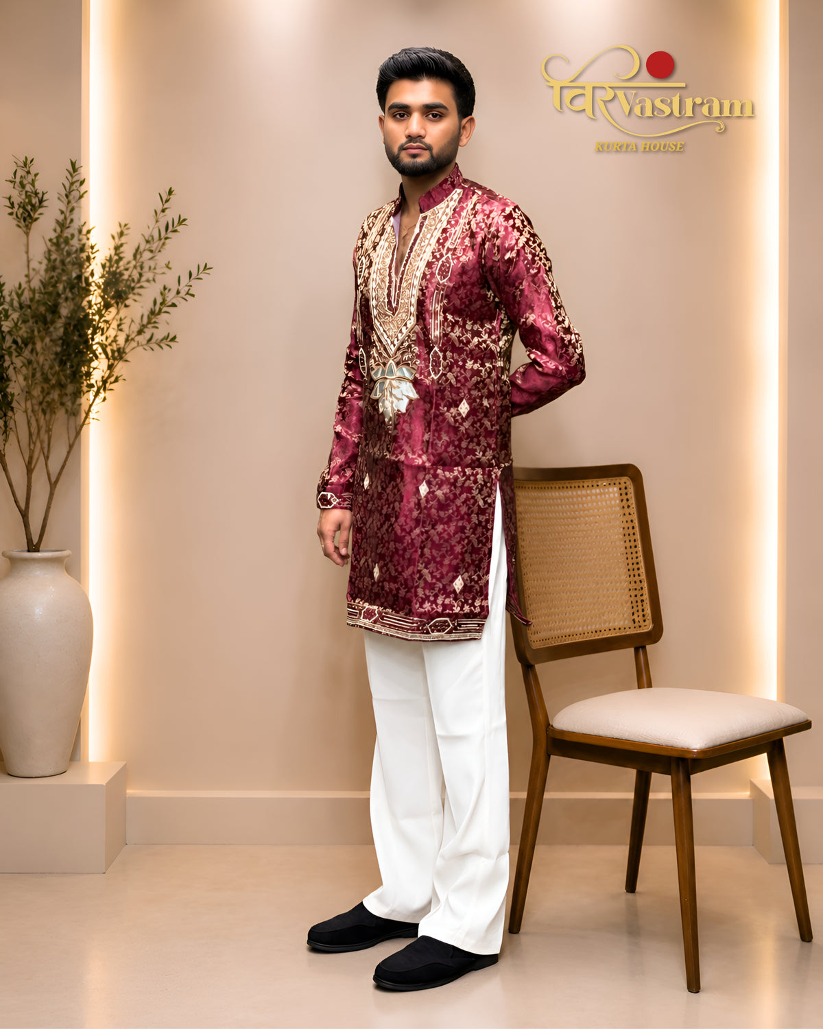 Men's Lotus Patch Embroidered Jacquard Short Kurta Set | Festive Modern Ethnic Wear