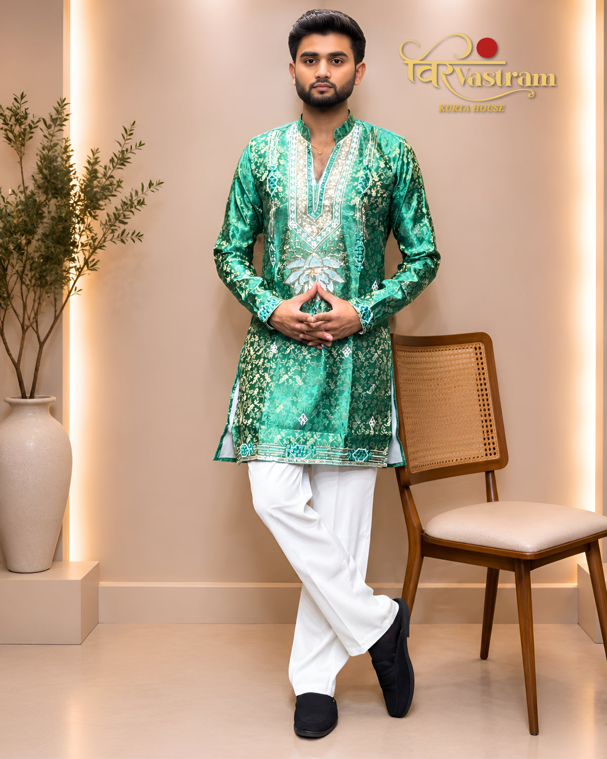 Men's Lotus Patch Embroidered Jacquard Short Kurta Set | Festive Modern Ethnic Wear