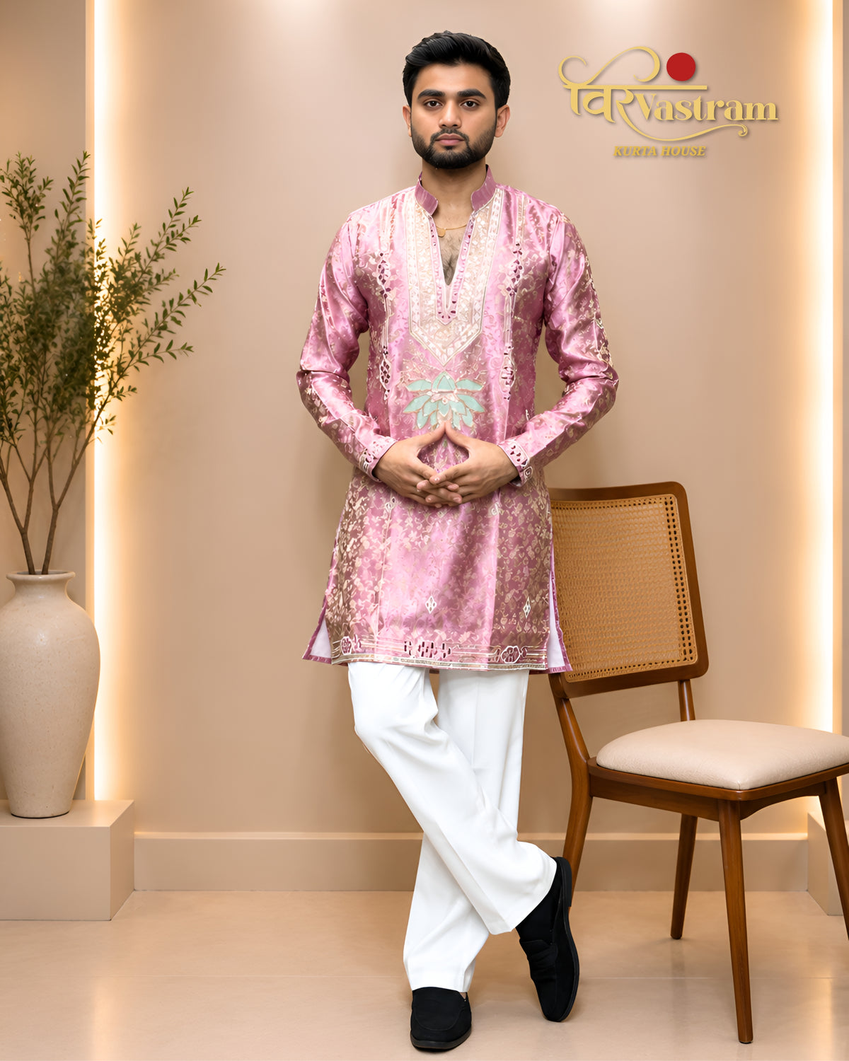 Men's Lotus Patch Embroidered Jacquard Short Kurta Set | Festive Modern Ethnic Wear