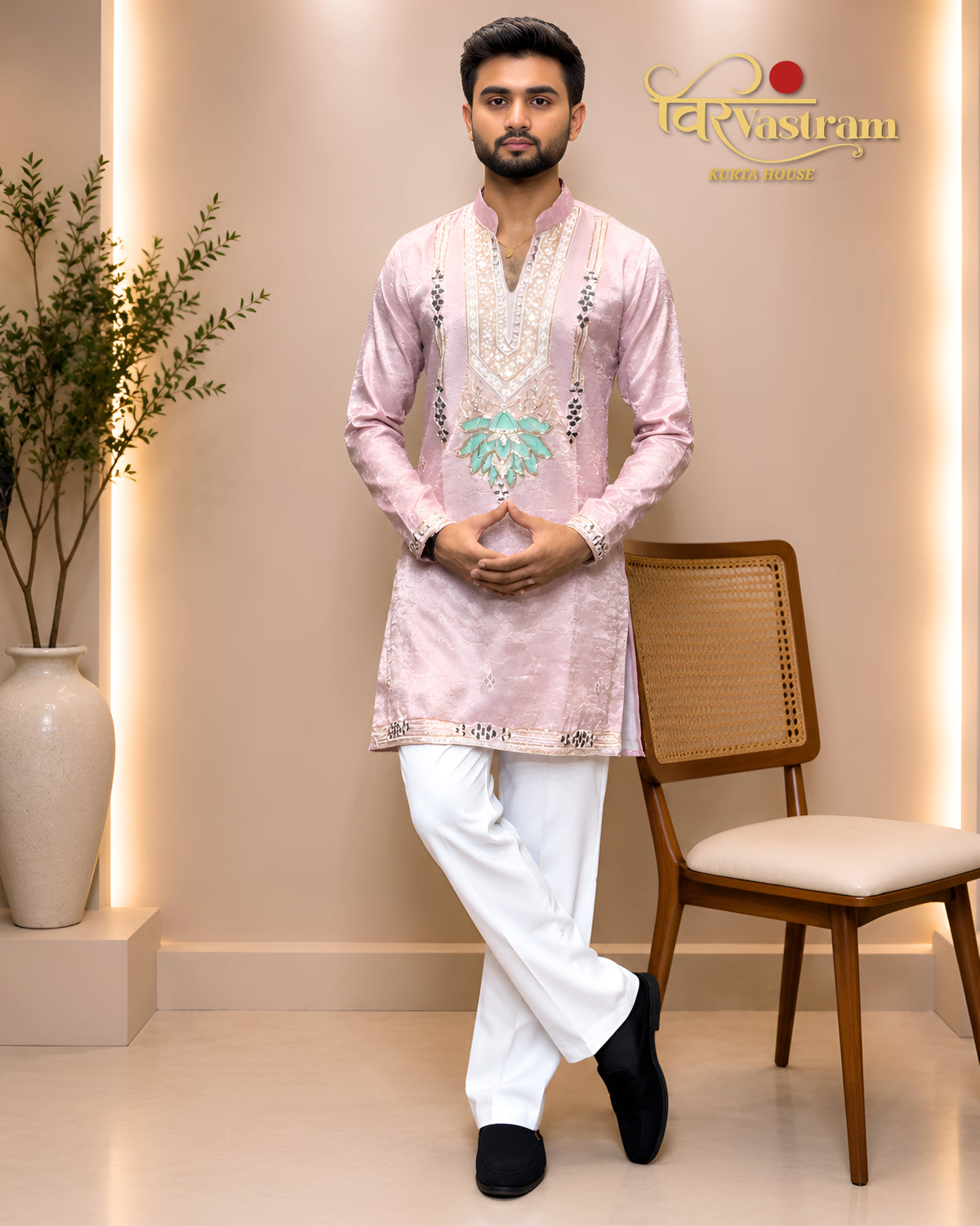 Men's Lotus Patch Embroidered Jacquard Short Kurta Set | Festive Modern Ethnic Wear