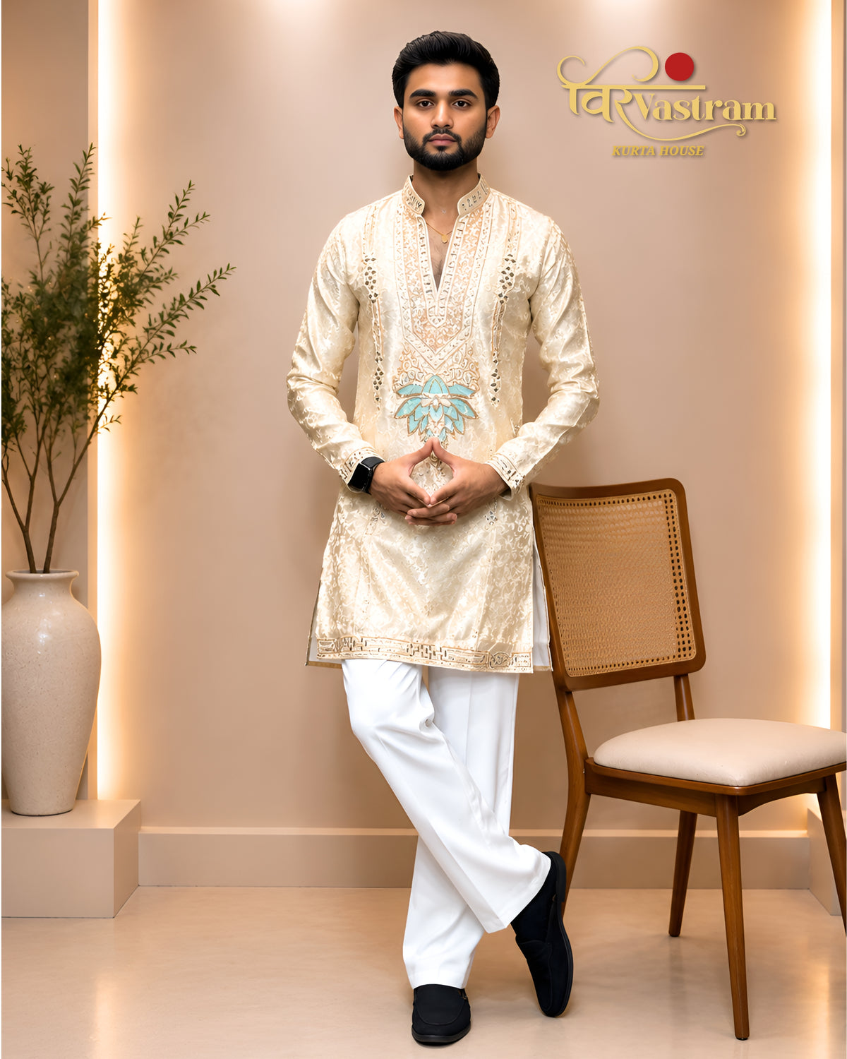 Men's Lotus Patch Embroidered Jacquard Short Kurta Set | Festive Modern Ethnic Wear