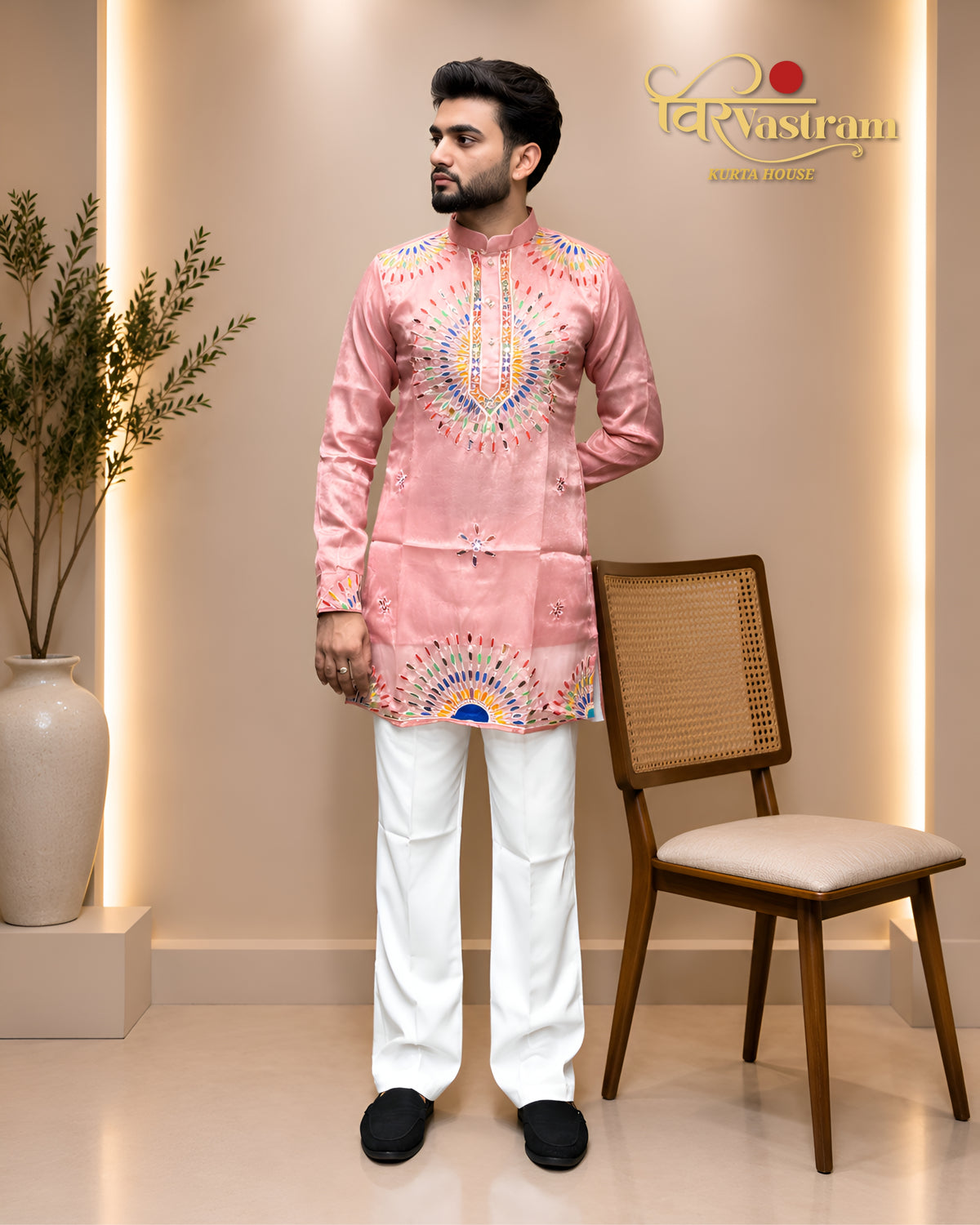Men's Sunburst Mirror & Thread Embroidered Short Kurta Set | Festive Wear