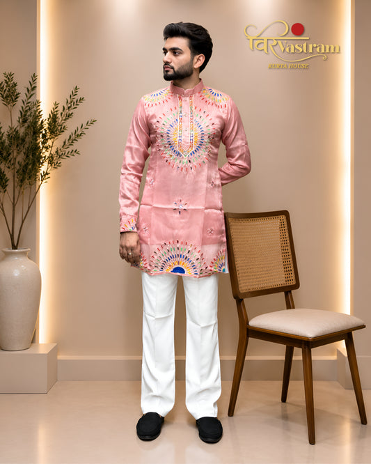 Men's Sunburst Mirror & Thread Embroidered Short Kurta Set | Festive Wear
