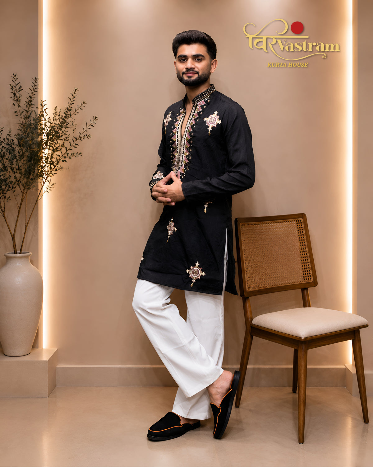 Men's Embroidered with Hanging Style Short Kurta