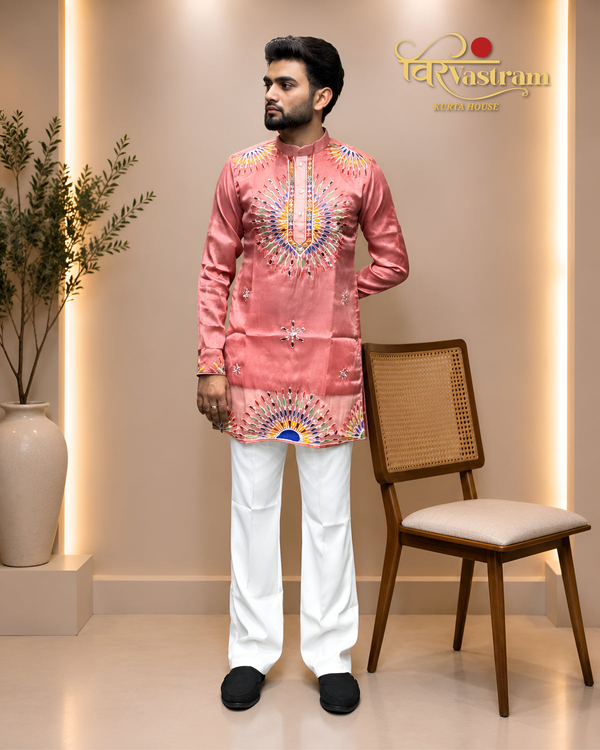 Men's Sunburst Mirror & Thread Embroidered Short Kurta Set | Festive Wear