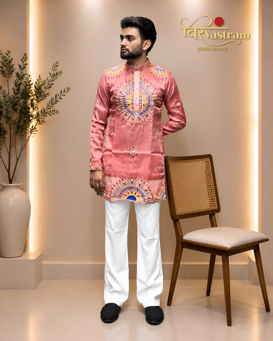 Men's Sunburst Mirror & Thread Embroidered Short Kurta Set | Festive Wear
