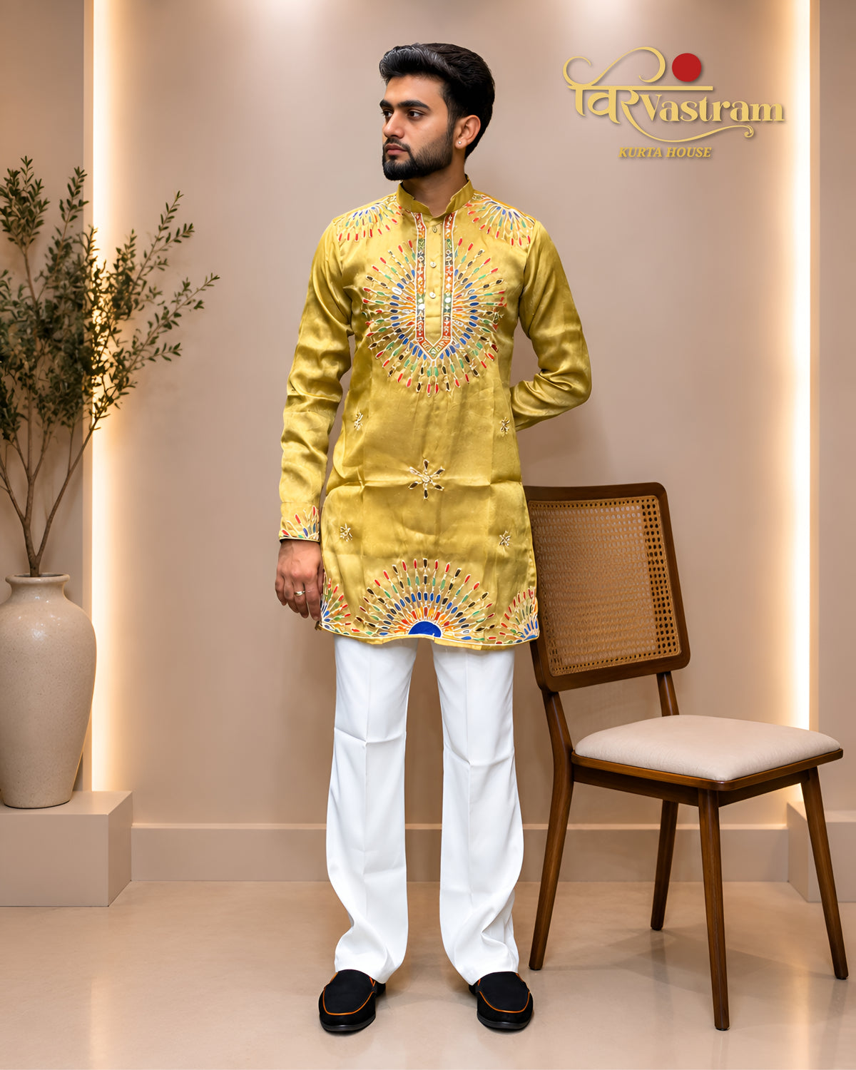 Men's Sunburst Mirror & Thread Embroidered Short Kurta Set | Festive Wear
