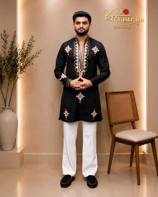 Men's Embroidered with Hanging Style Short Kurta