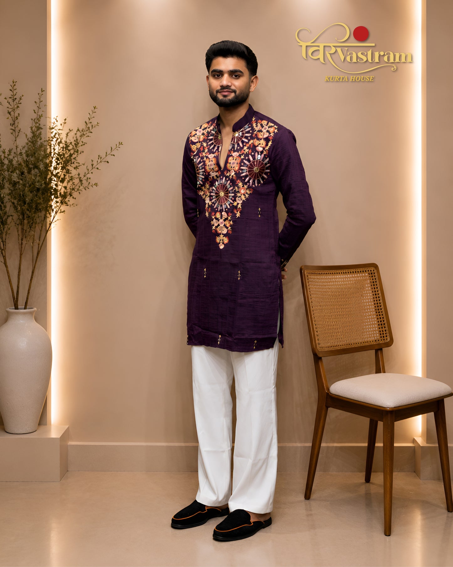 Premium Purple Men's Mirror Embroidery V-Neck Short Kurta