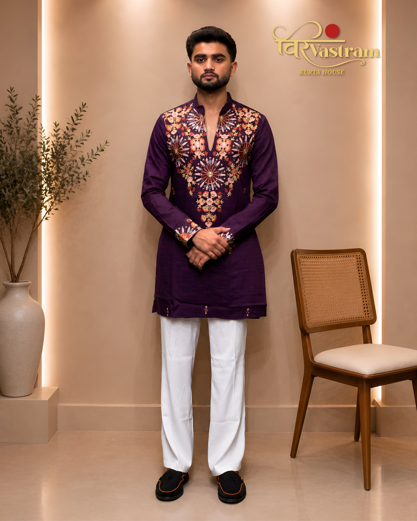 Premium Purple Men's Mirror Embroidery V-Neck Short Kurta