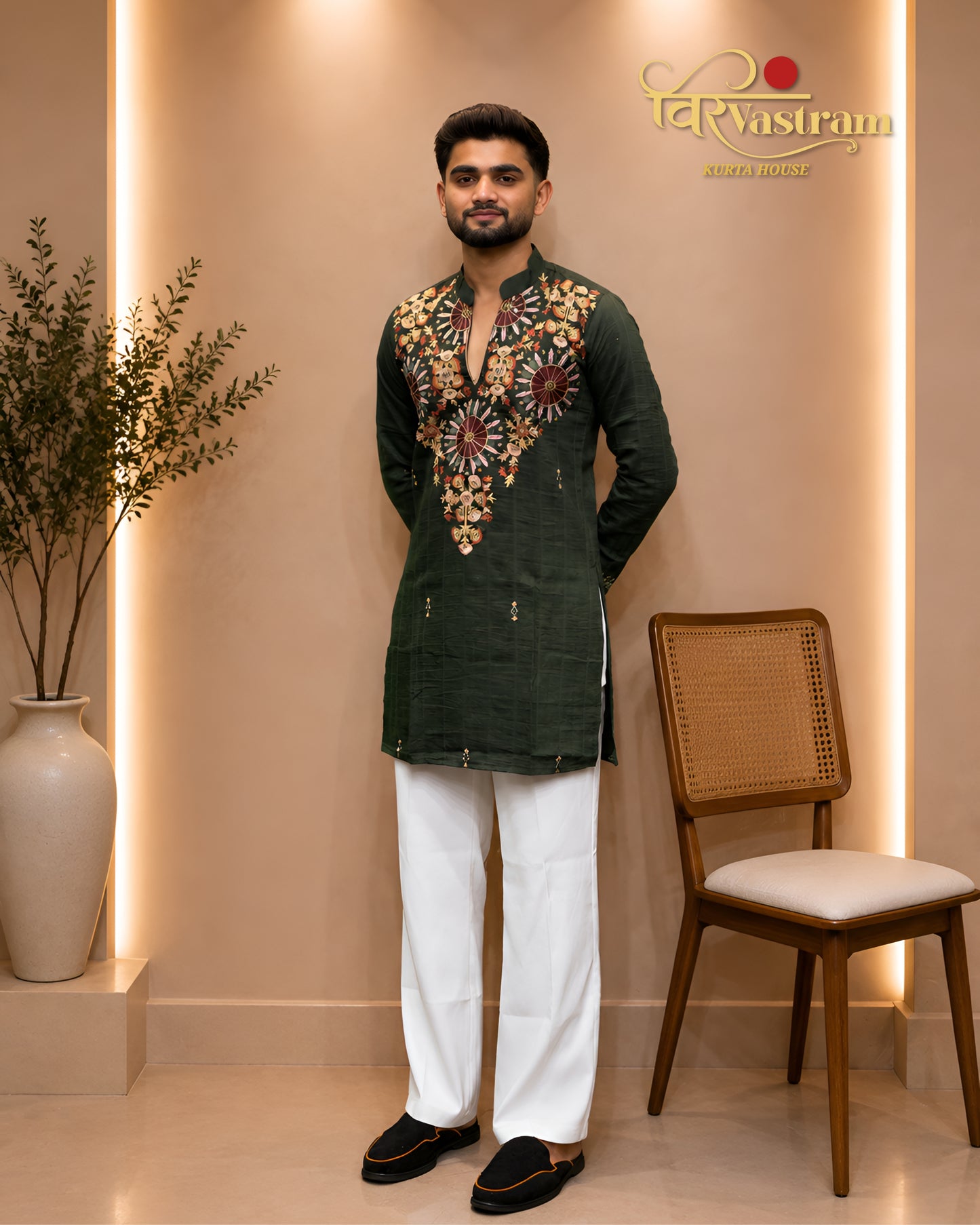 Premium Purple Men's Mirror Embroidery V-Neck Short Kurta