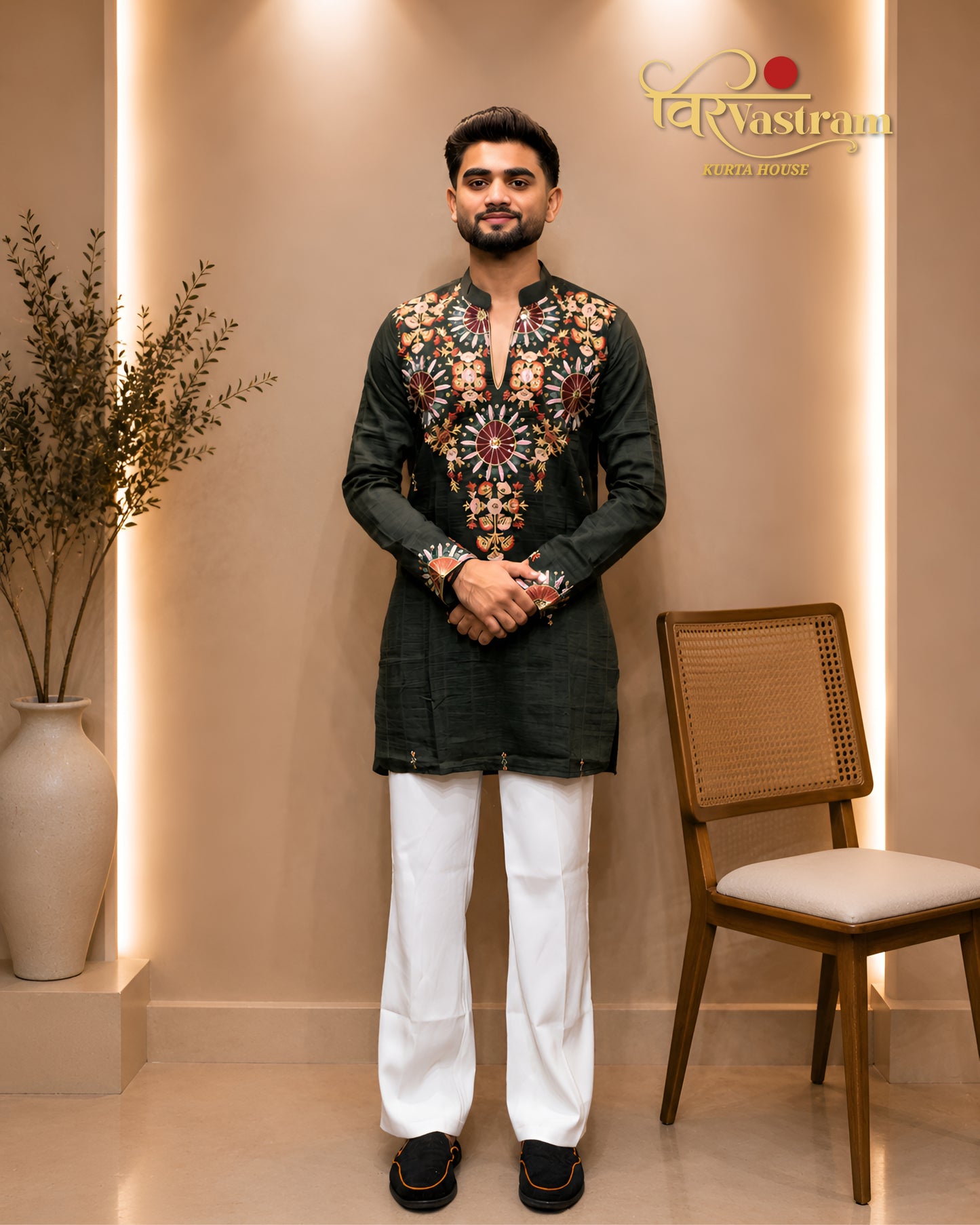 Premium Purple Men's Mirror Embroidery V-Neck Short Kurta