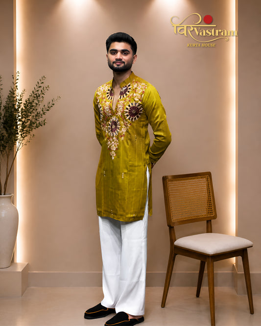 Premium Purple Men's Mirror Embroidery V-Neck Short Kurta