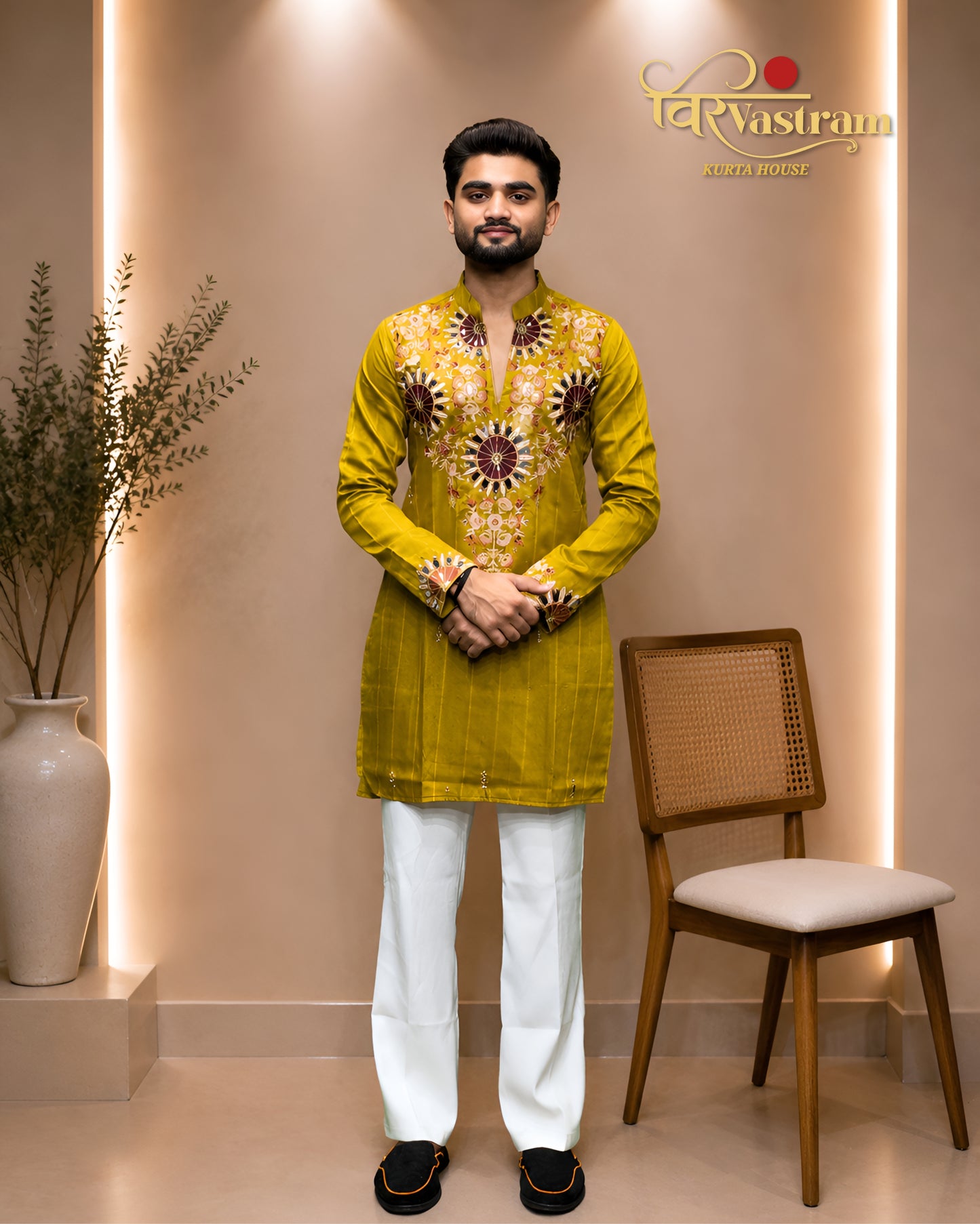 Premium Purple Men's Mirror Embroidery V-Neck Short Kurta