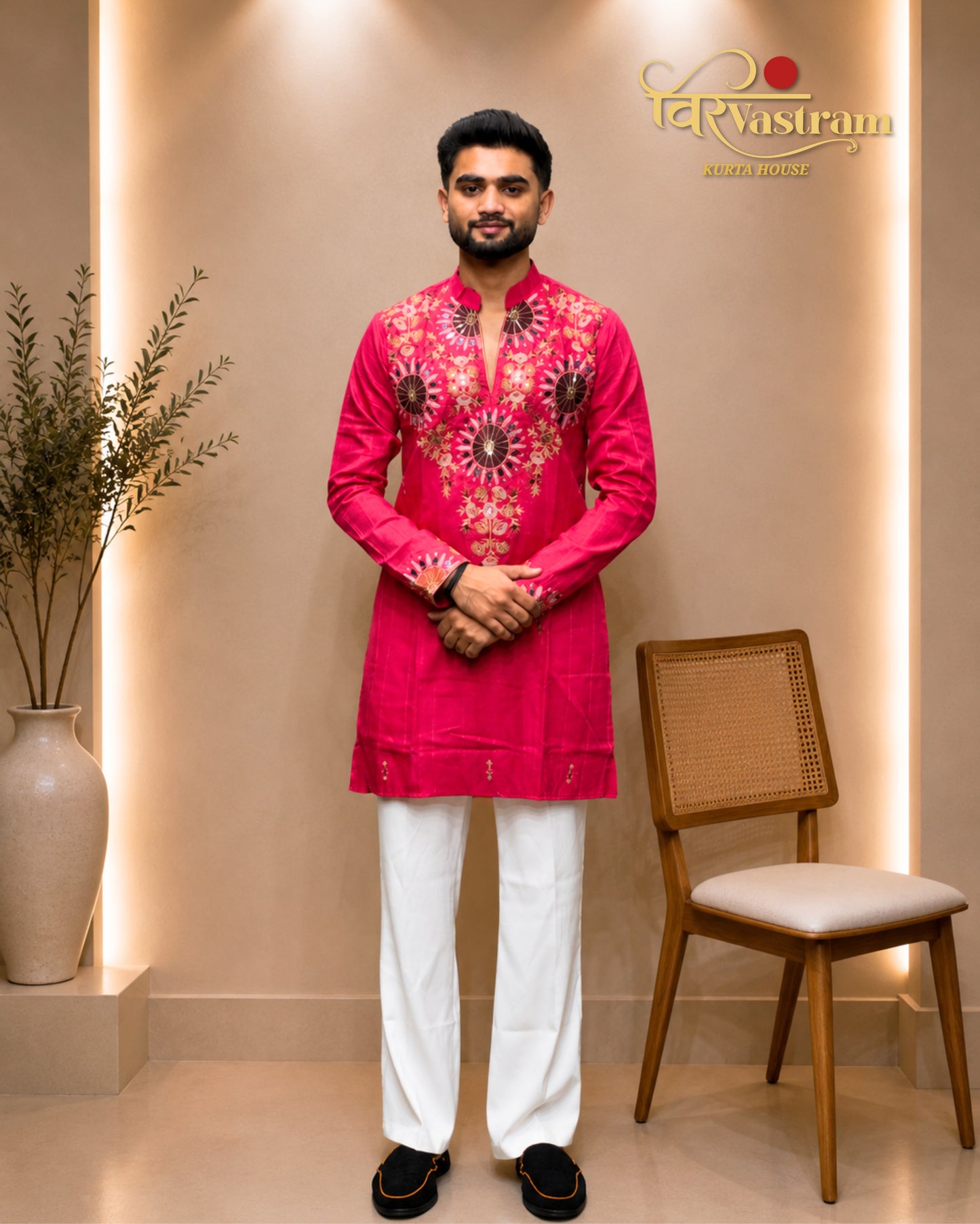 Premium Purple Men's Mirror Embroidery V-Neck Short Kurta
