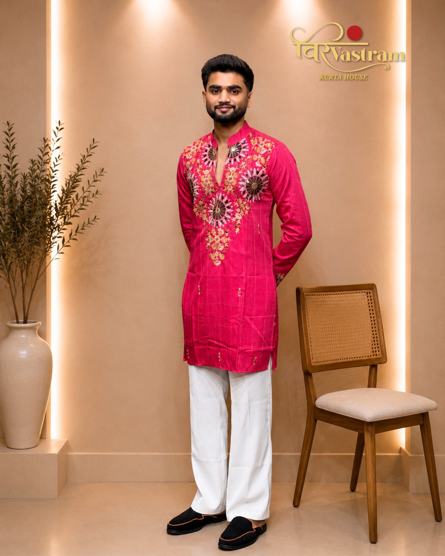 Premium Purple Men's Mirror Embroidery V-Neck Short Kurta