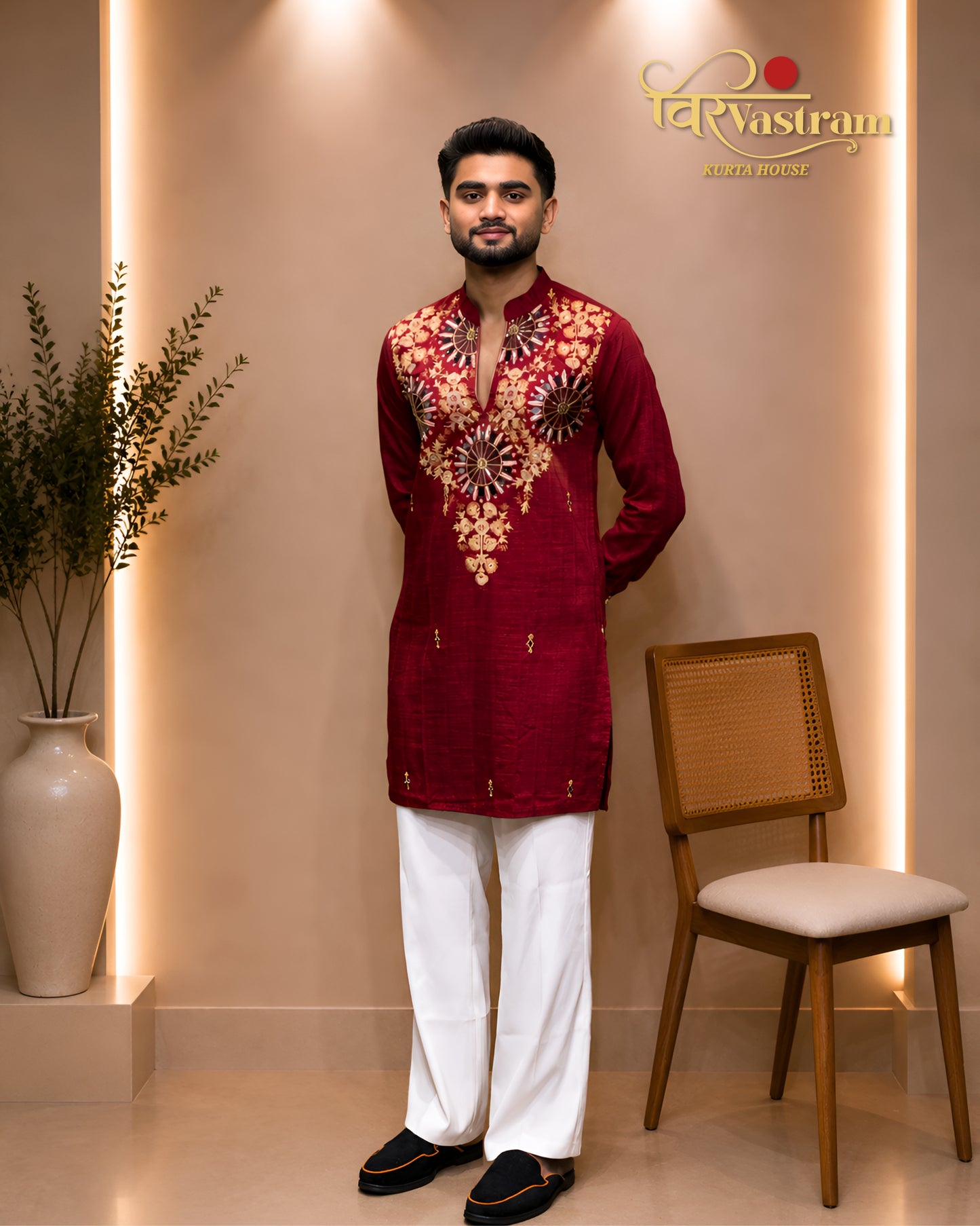Premium Purple Men's Mirror Embroidery V-Neck Short Kurta