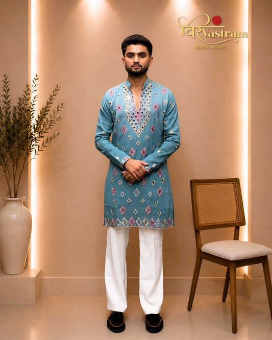 Premium Blue Men's Embroidered Mirror Work V-Neck Kurta