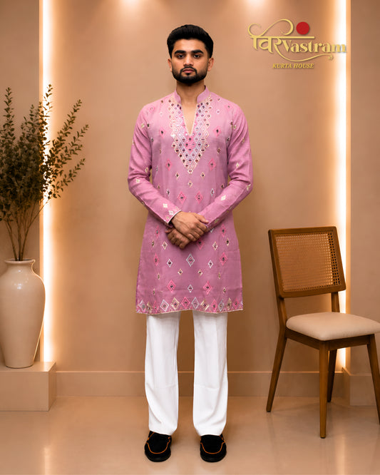 Premium Men's Embroidered Mirror Work V-Neck Kurta