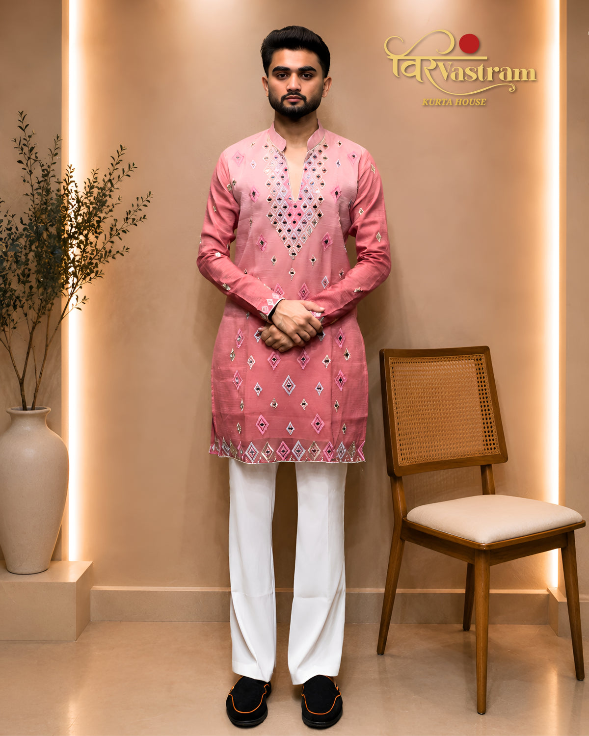 Premium Men's Embroidered Mirror Work V-Neck Kurta