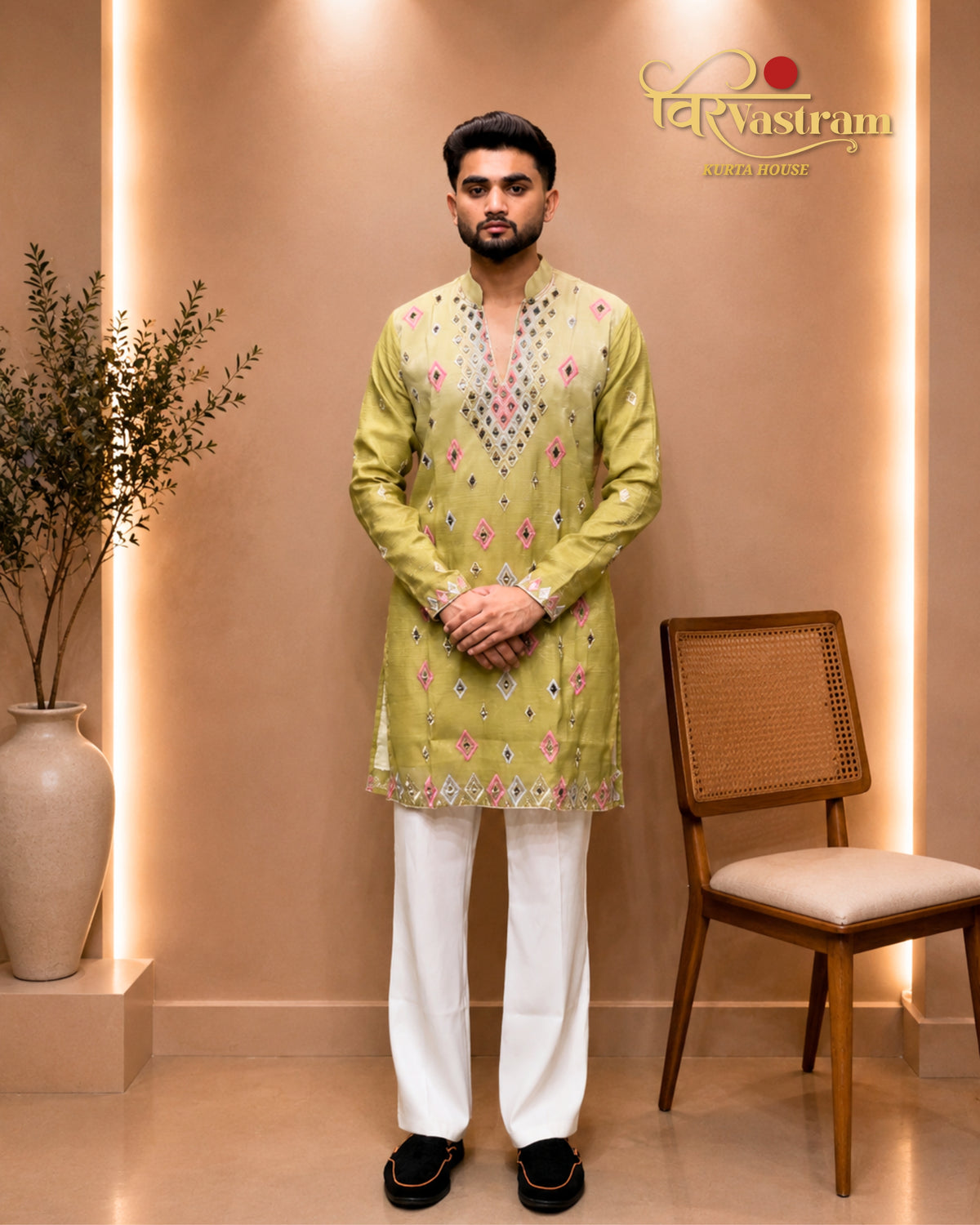 Premium Men's Embroidered Mirror Work V-Neck Kurta