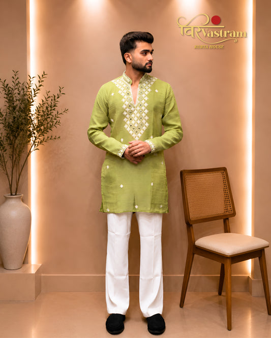 Men's Embroidery Silk Short Kurta Set | Festive & Party Wear