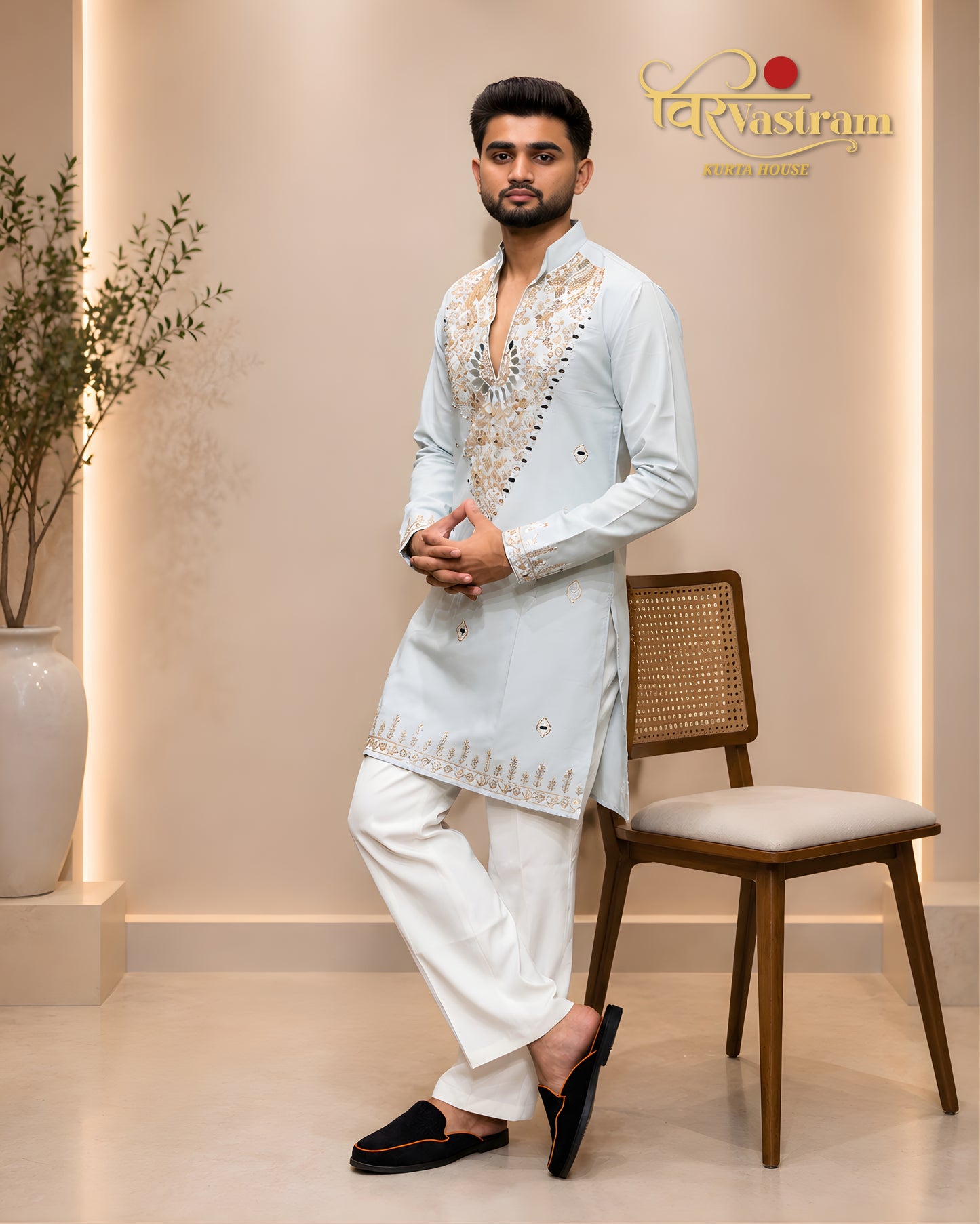 Premium Armani Fabric Mirror & Beads Work V-Neck Short Kurta