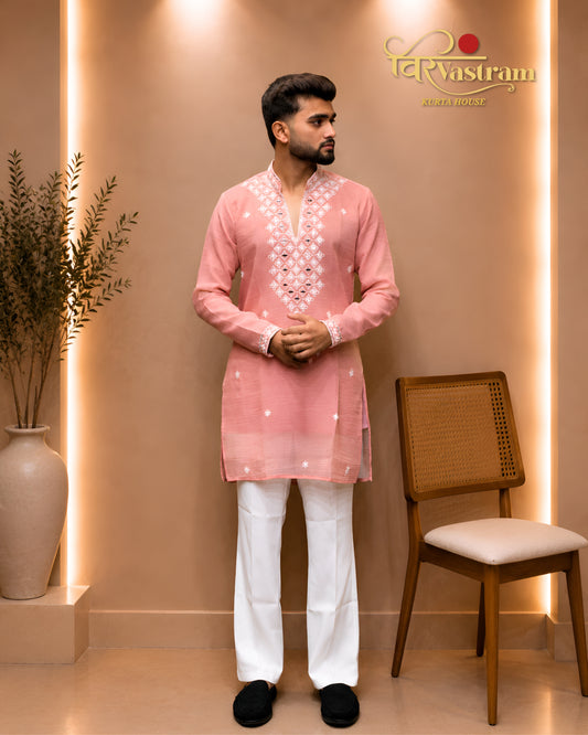 Men's Embroidery With Mirror Net Fabric Short Kurta