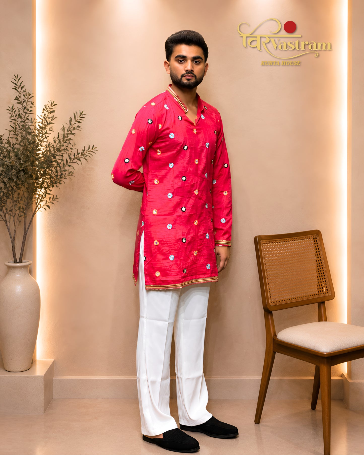 Men's All-Over Circular Mirror Work & Lace Border Silk Short Kurta Set | Festive & Party Wear