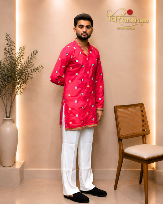 Men's All-Over Circular Mirror Work & Lace Border Silk Short Kurta Set | Festive & Party Wear