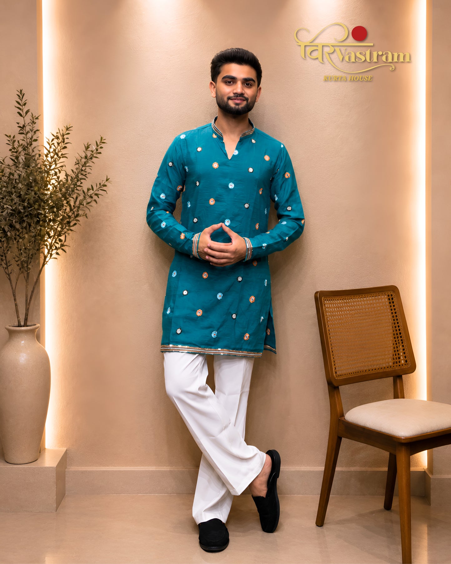 Men's All-Over Circular Mirror Work & Lace Border Silk Short Kurta Set | Festive & Party Wear
