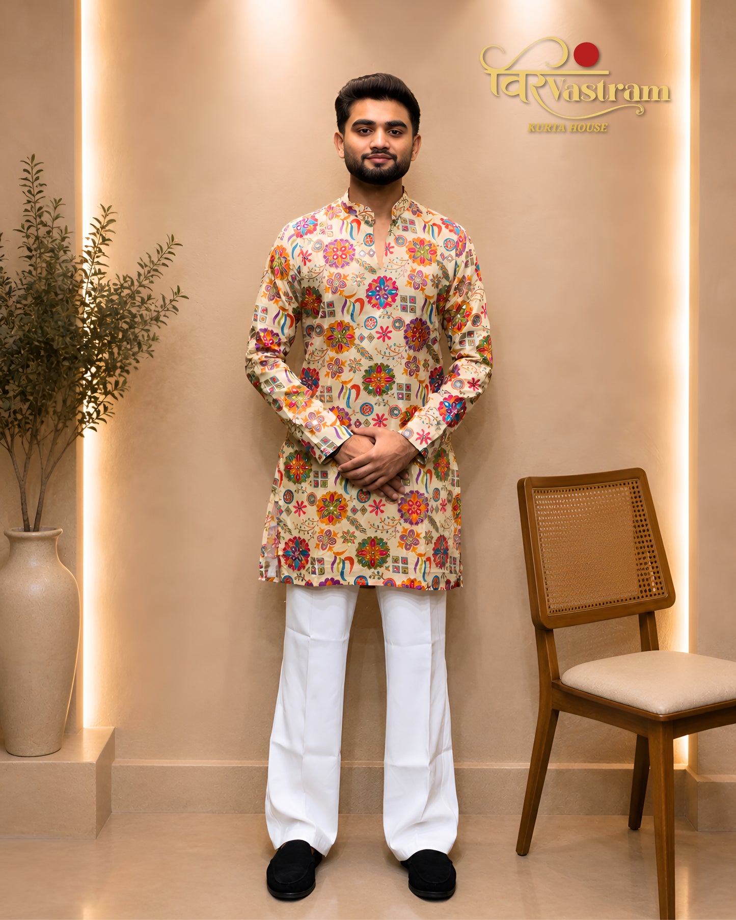 Men's All-Over Multi-Color Floral Printed & Embroidered Silk Short Kurta Set | Festive & Haldi Wear