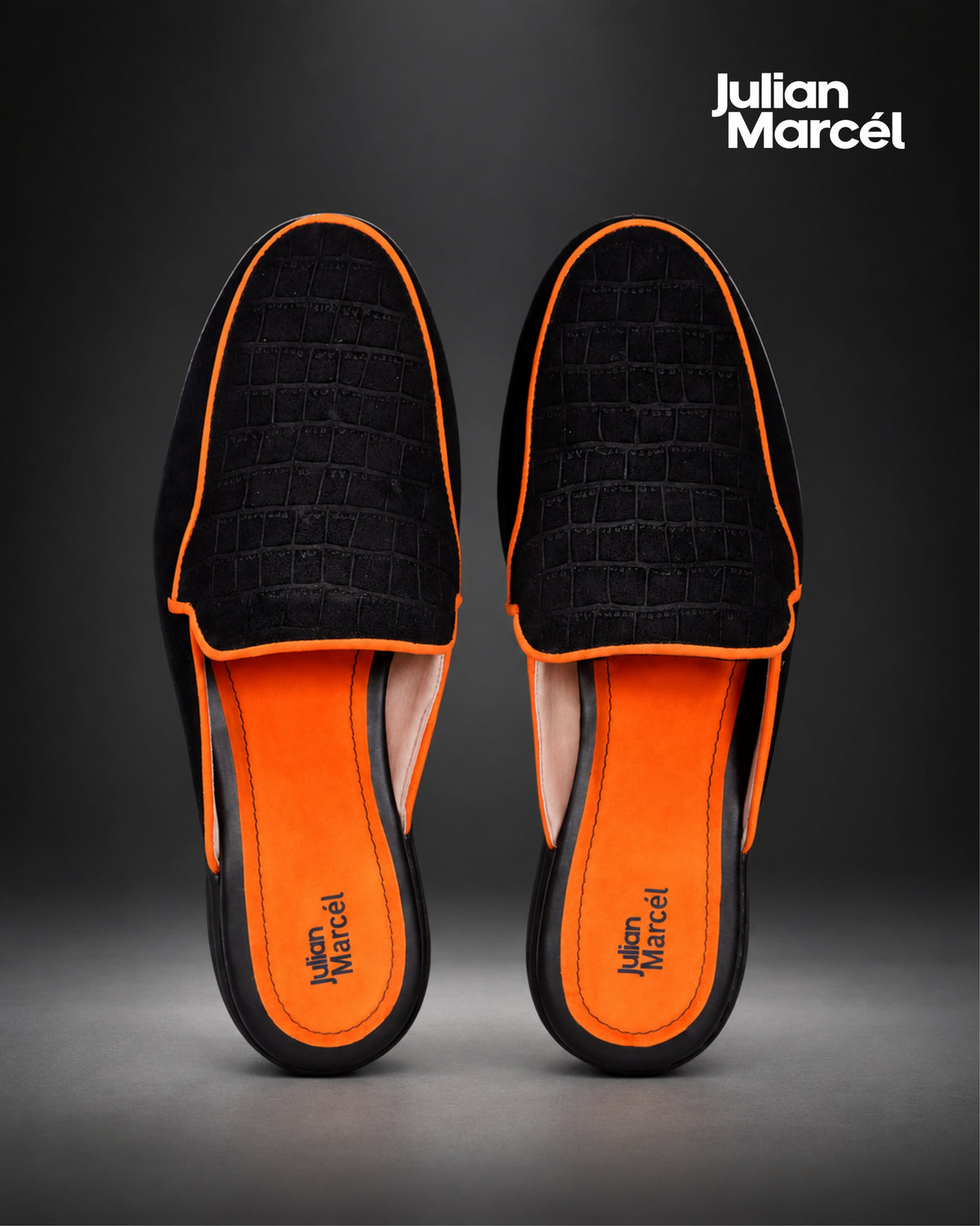 Men's Black Croc-Embossed Suede Slip-On Mules with Neon Orange Piping | Julian Marcél