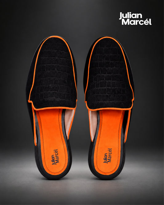 Men's Black Croc-Embossed Suede Slip-On Mules with Neon Orange Piping | Julian Marcél