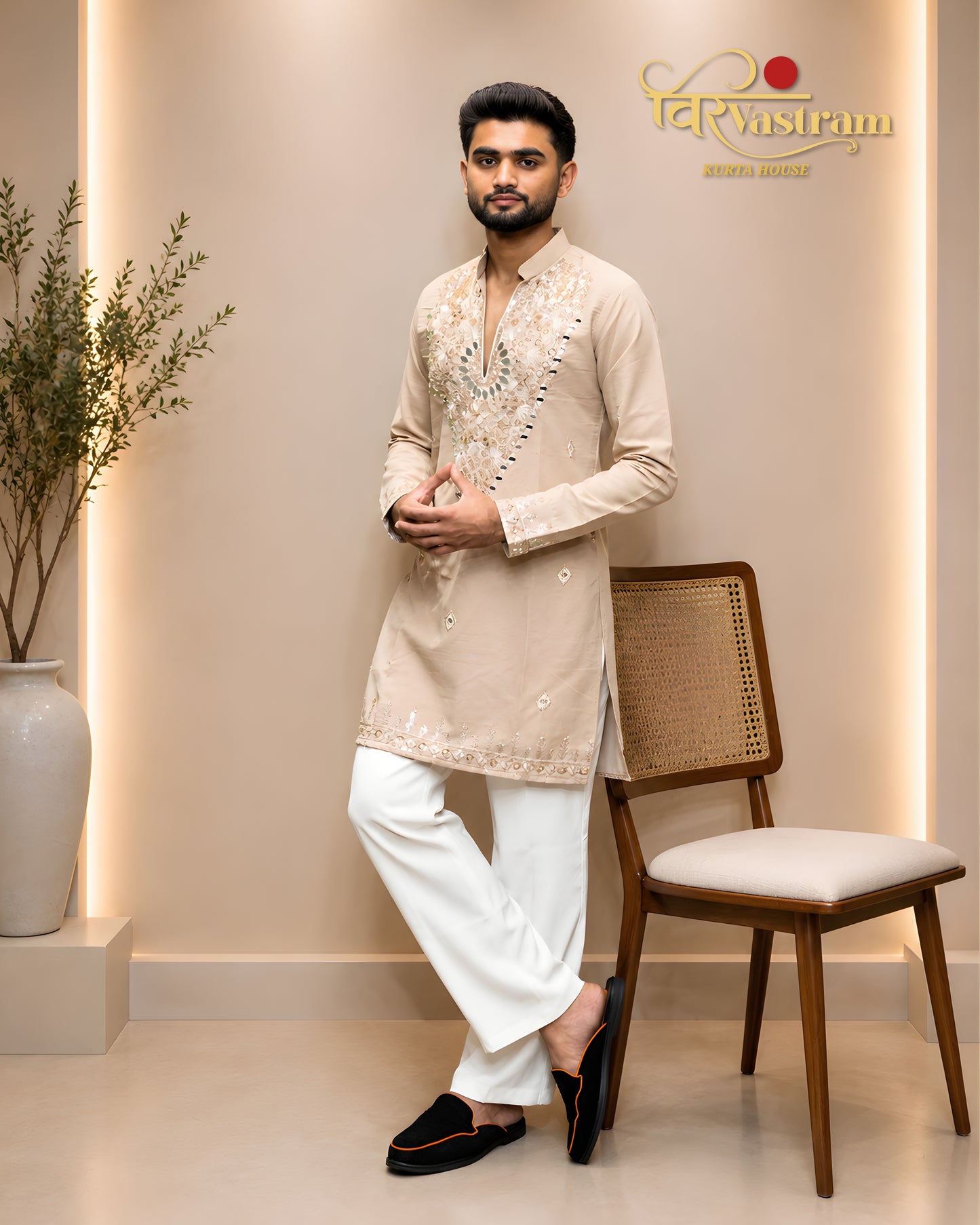 Premium Armani Fabric Mirror & Beads Work V-Neck Short Kurta