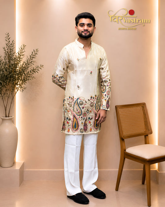 Men's Heavy Paisley (Kalka) Embroidered Silk Short Kurta Set | Festive & Wedding Wear