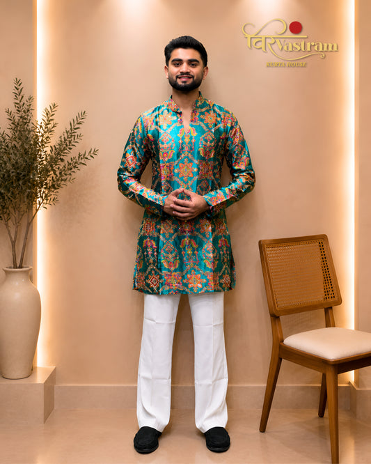 Men's All-Over Multi-Color Floral Printed & Embroidered Silk Short Kurta Set | Festive & Haldi Wear (Copy)