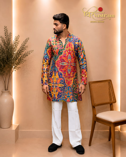 Men's All-Over Multi-Color Floral Printed & Embroidered Silk Short Kurta Set | Festive & Haldi Wear (Copy) (Copy)