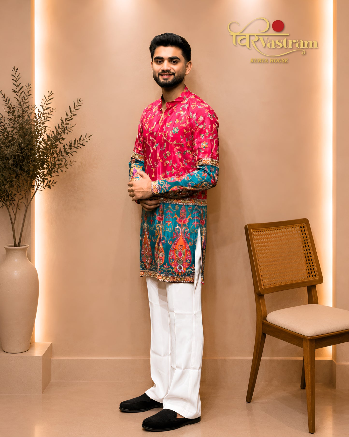 Men's All-Over Multi-Color Floral Printed & Embroidered Silk Short Kurta Set | Festive & Haldi Wear (Copy) (Copy) (Copy)