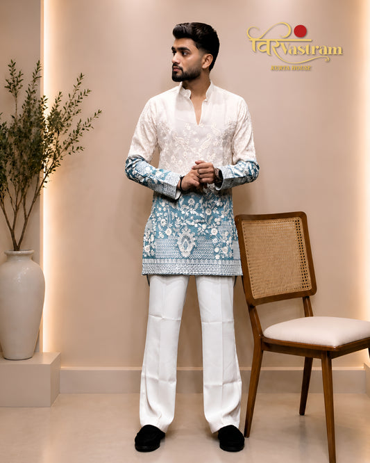 Men's Dual-Tone Ombre Floral Heavy Silk Short Kurta Set | Festive & Wedding Wear