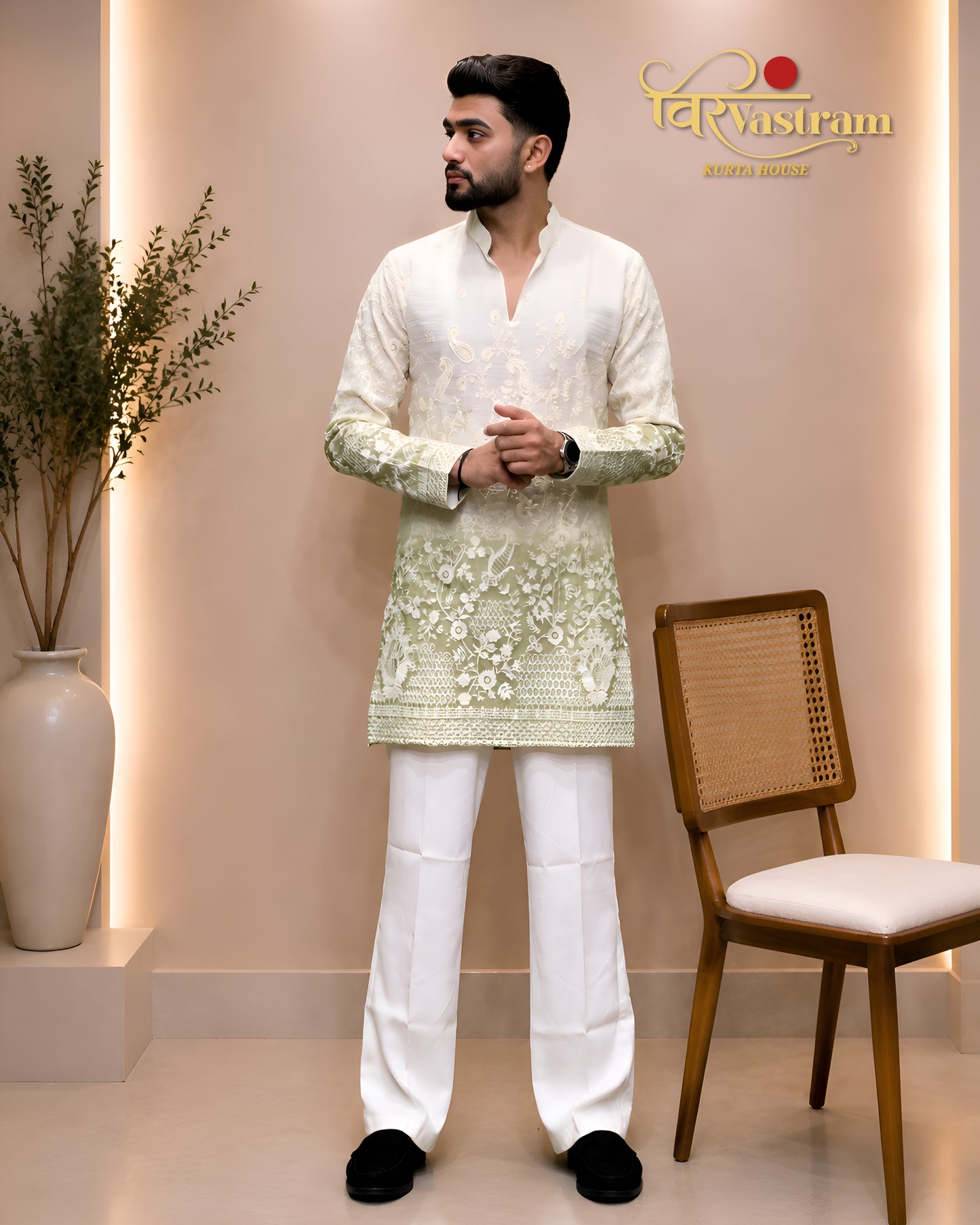 Men's Dual-Tone Ombre Floral Heavy Silk Short Kurta Set | Festive & Wedding Wear