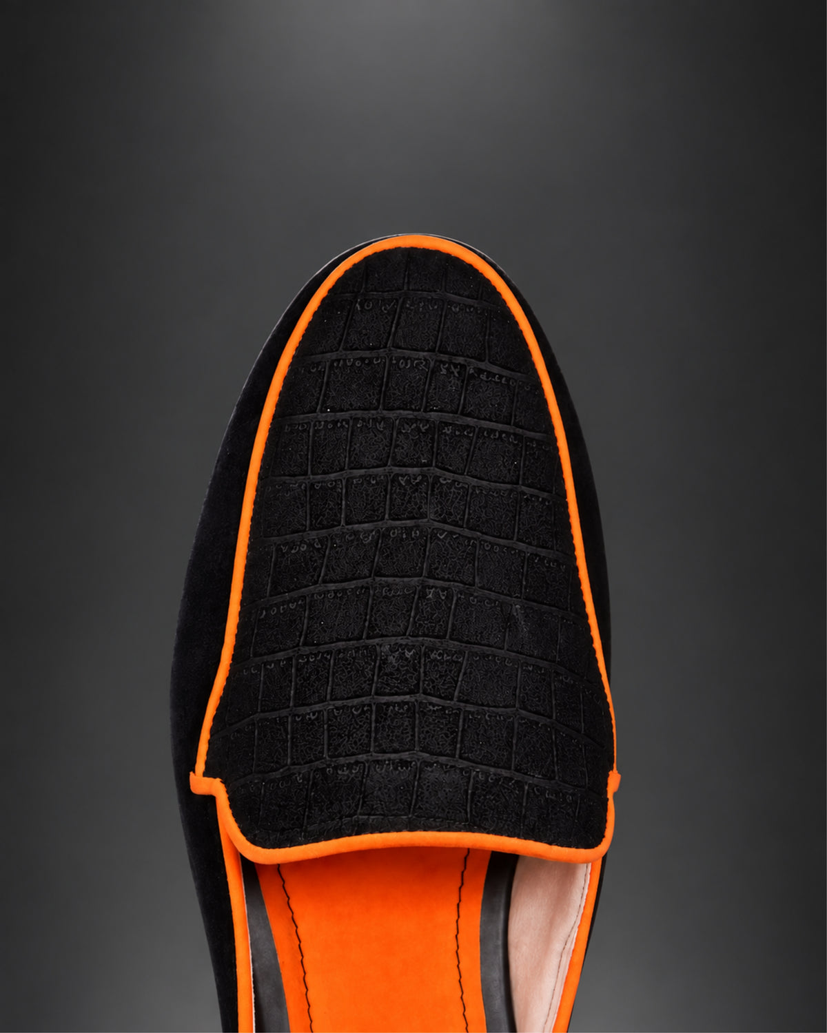 Men's Black Croc-Embossed Suede Slip-On Mules with Neon Orange Piping | Julian Marcél