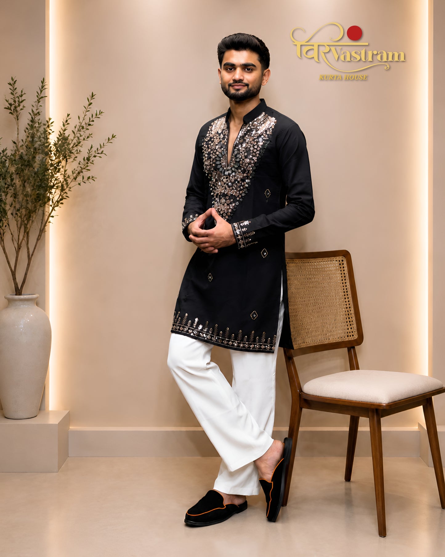 Premium Armani Fabric Mirror & Beads Work V-Neck Short Kurta