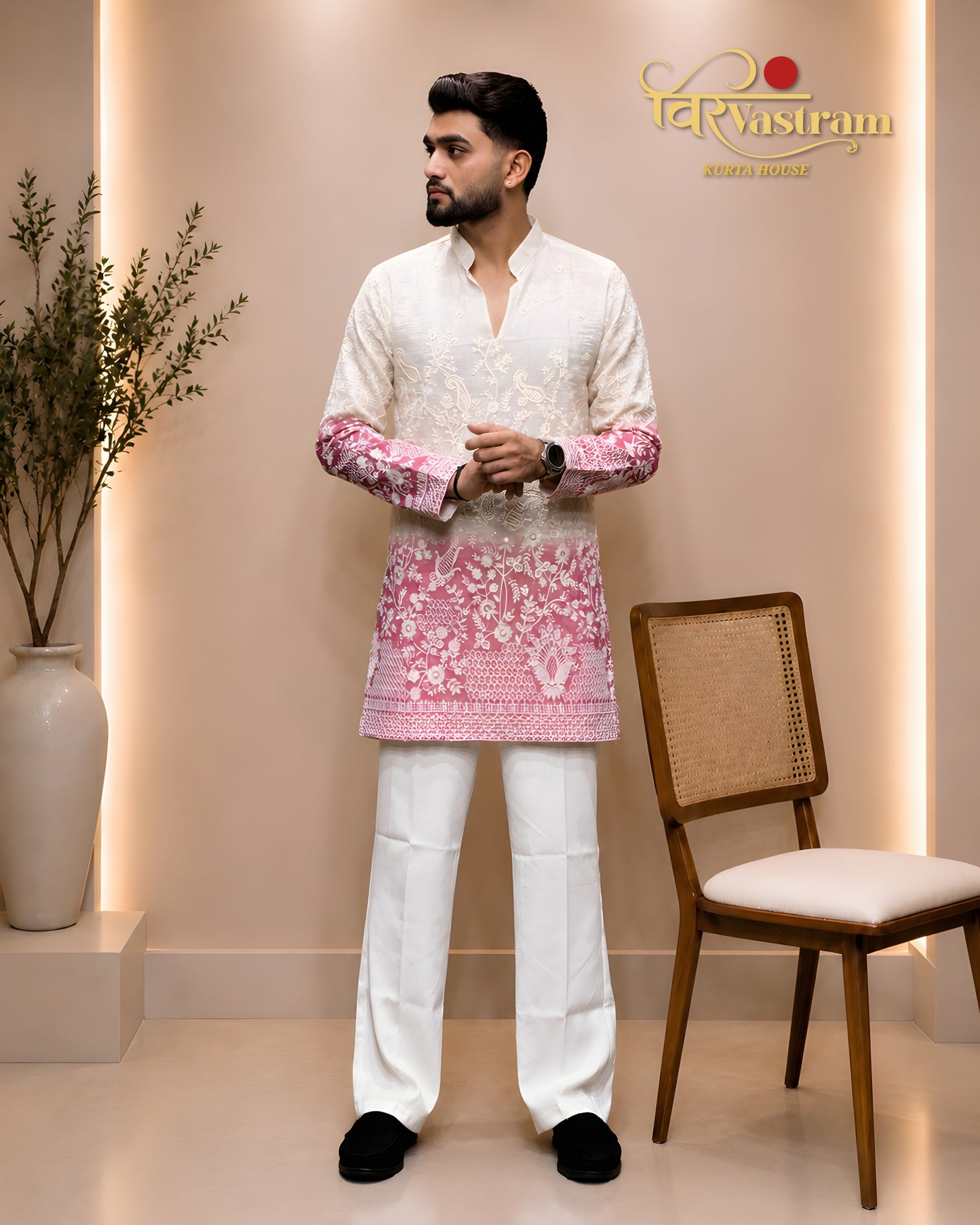 Men's Dual-Tone Ombre Floral Heavy Silk Short Kurta Set | Festive & Wedding Wear