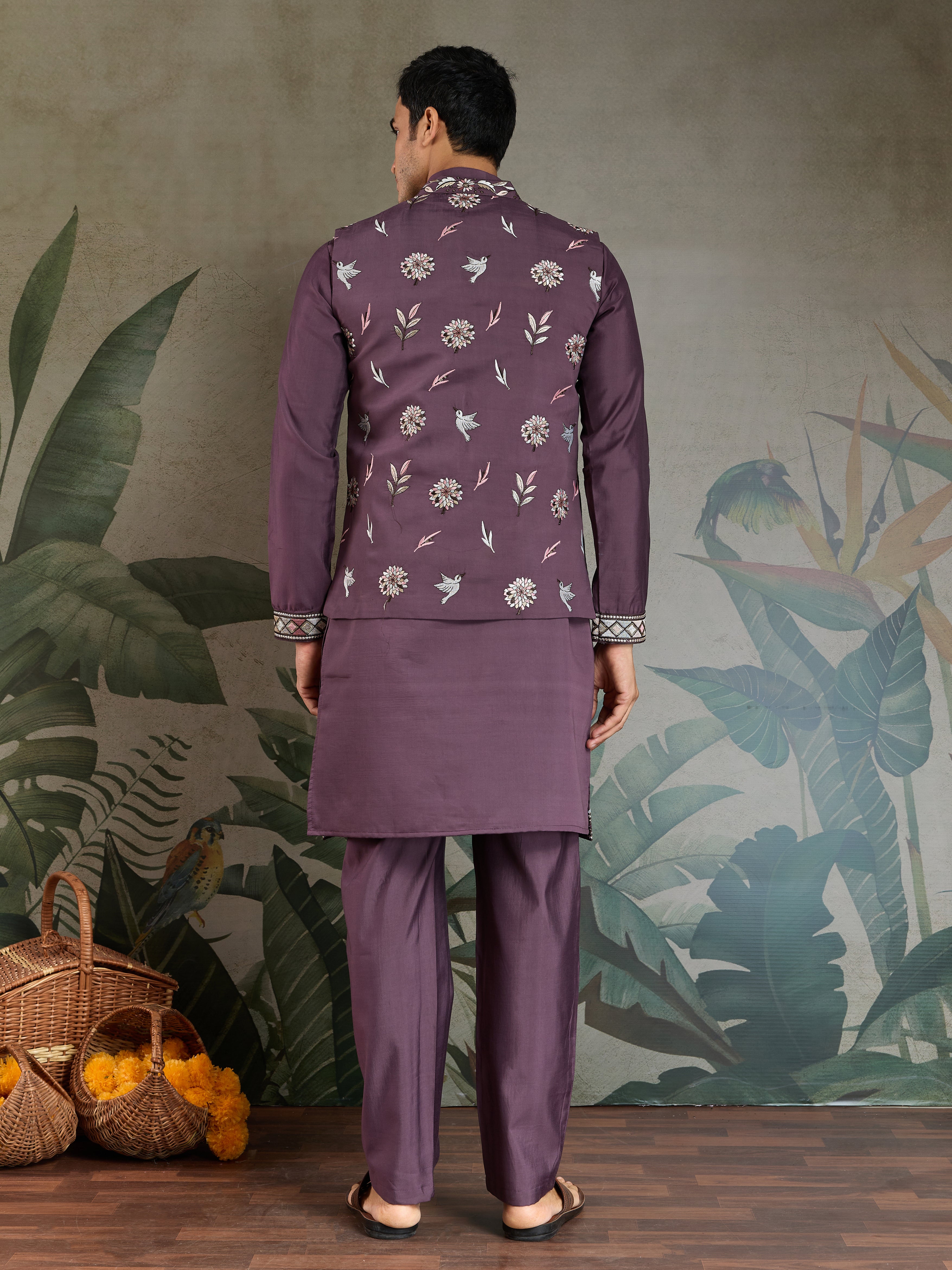 Rust Purple Open Koti Style Kurta Pajama Set for Men