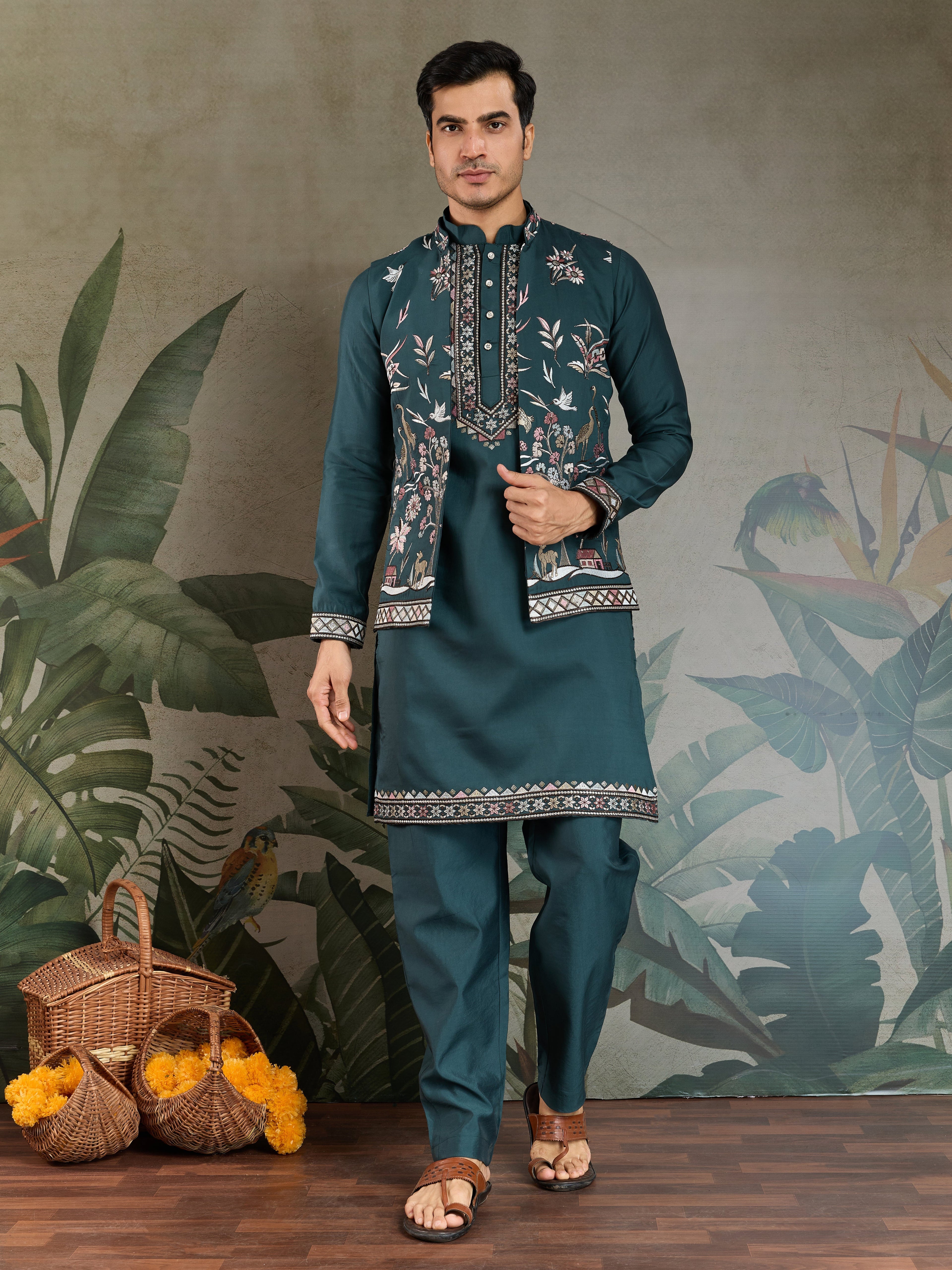 Traditional Green Kurta Pajama with Stylish Open Jacket