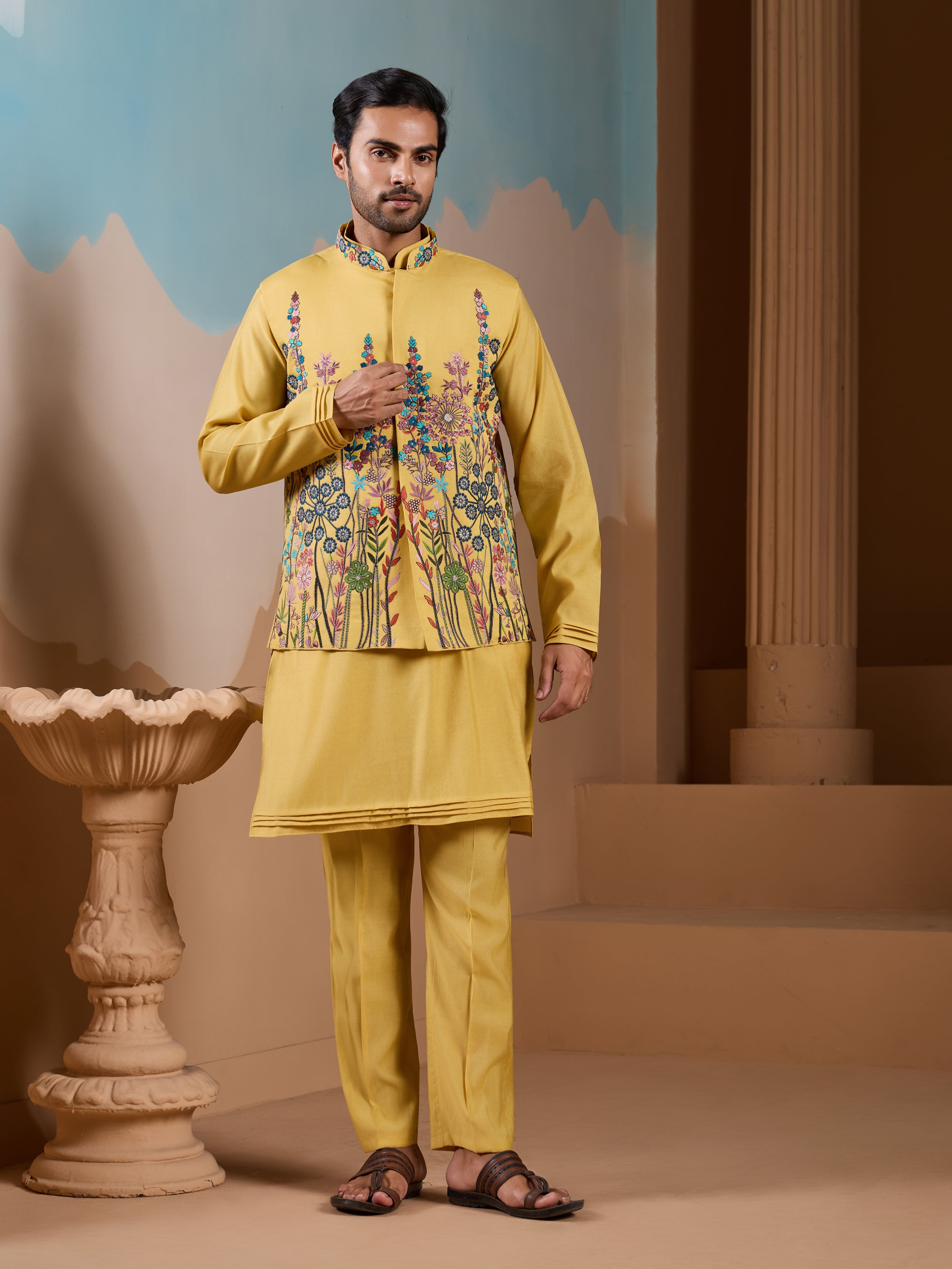 Haldi Ceremony Yellow Embroidered Koti Kurta Set for Mens