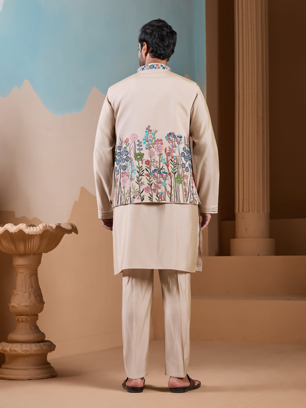 Elegant Fashionable Beige Koti Kurta Set for Mens Wear